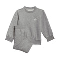 Grey infant crew sweatshirt and jogger pants set with small adidas logo.