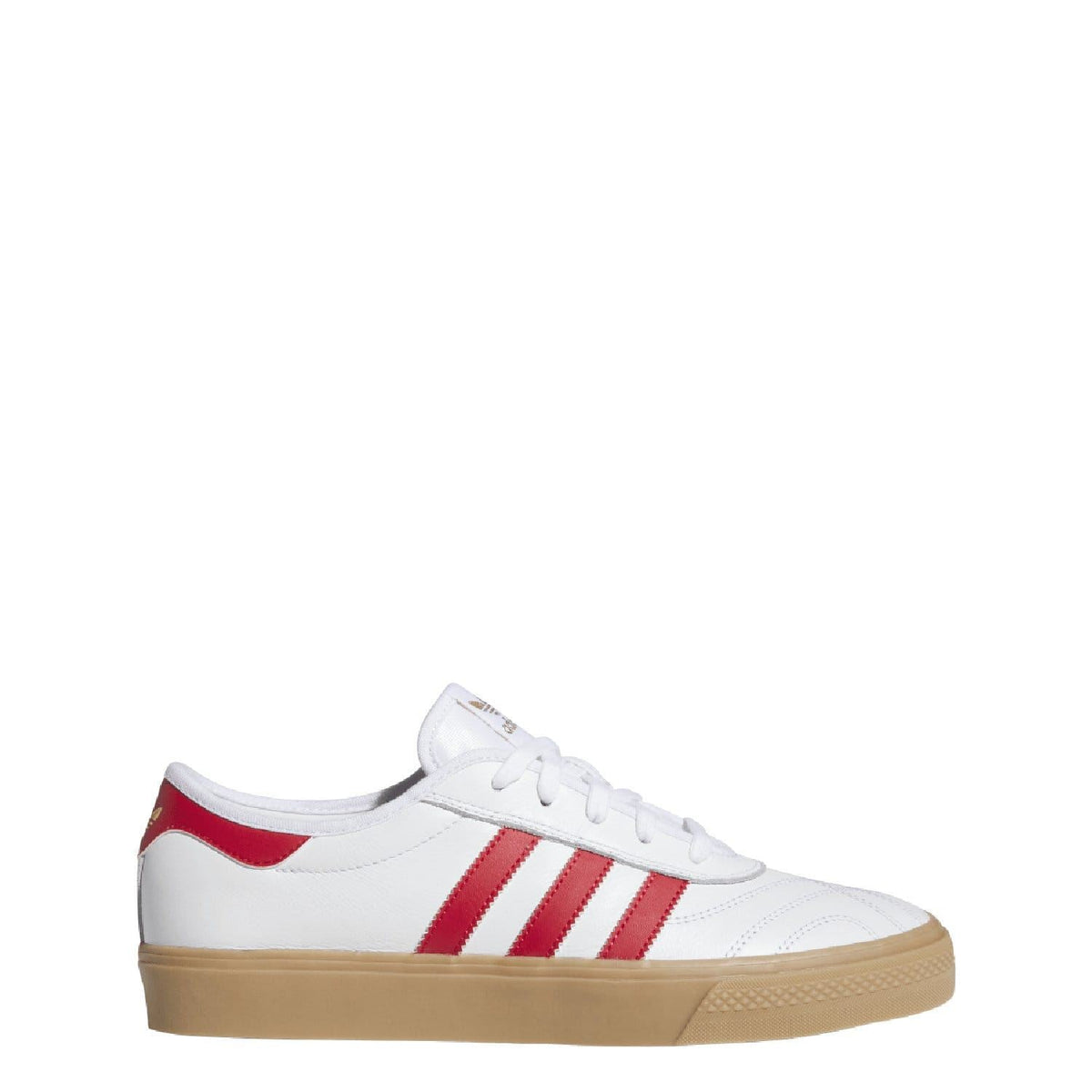 White adidas Adiease low-top trainers with red stripes and tan gum sole