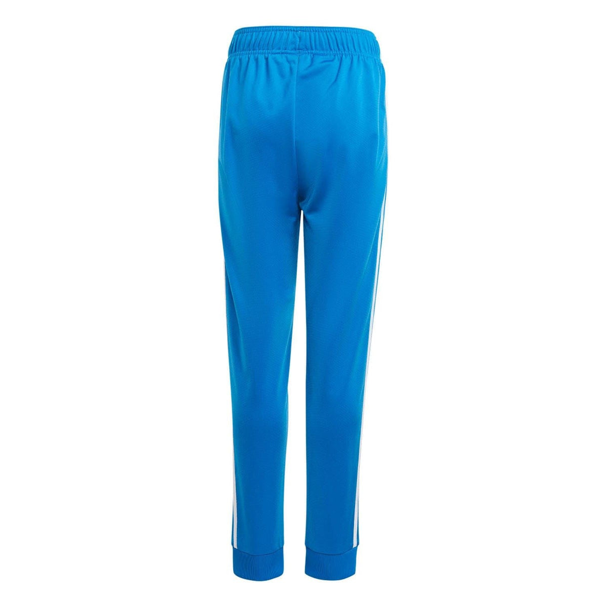 Blue kids track pants with elastic waist, white side stripes, ribbed ankle cuffs