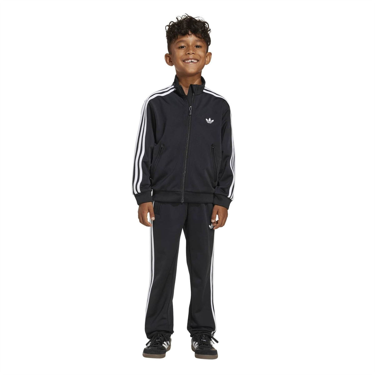 Kids adidas Firebird tracksuit, front view, black zip jacket with white stripes and pants
