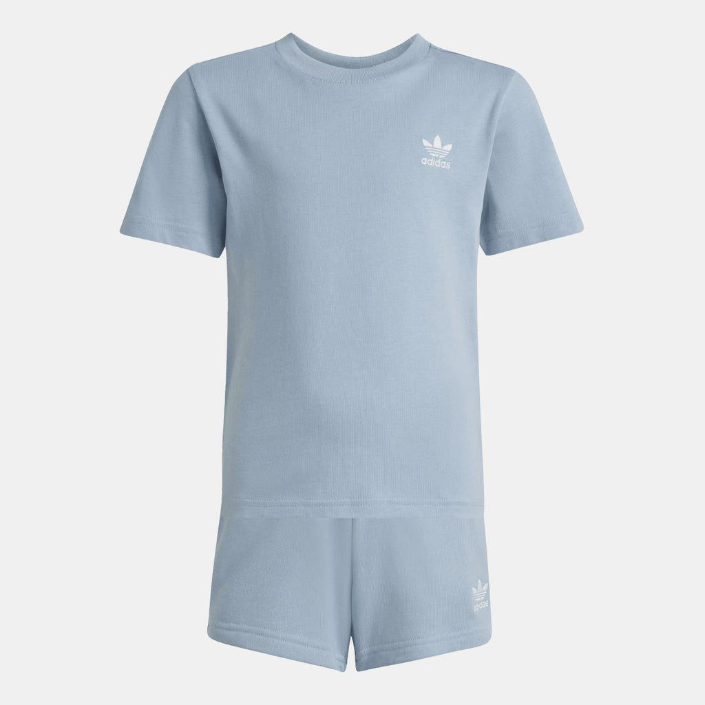 Light blue adidas kids T-shirt and shorts set, crew neck short sleeves with logo.