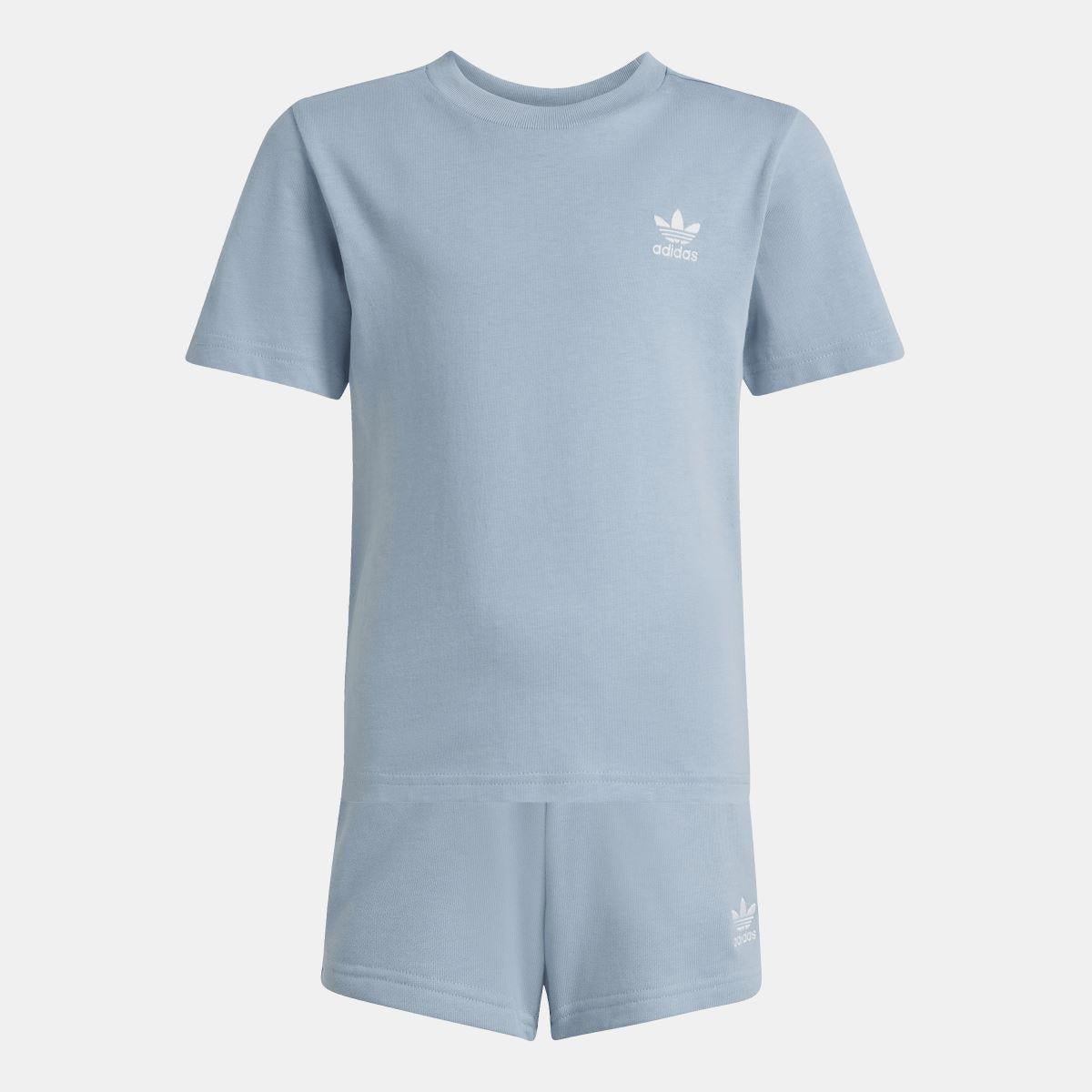 Light blue adidas kids T-shirt and shorts set, crew neck short sleeves with logo.