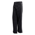 Black wide-leg jeans with relaxed fit and button waist, side seams visible