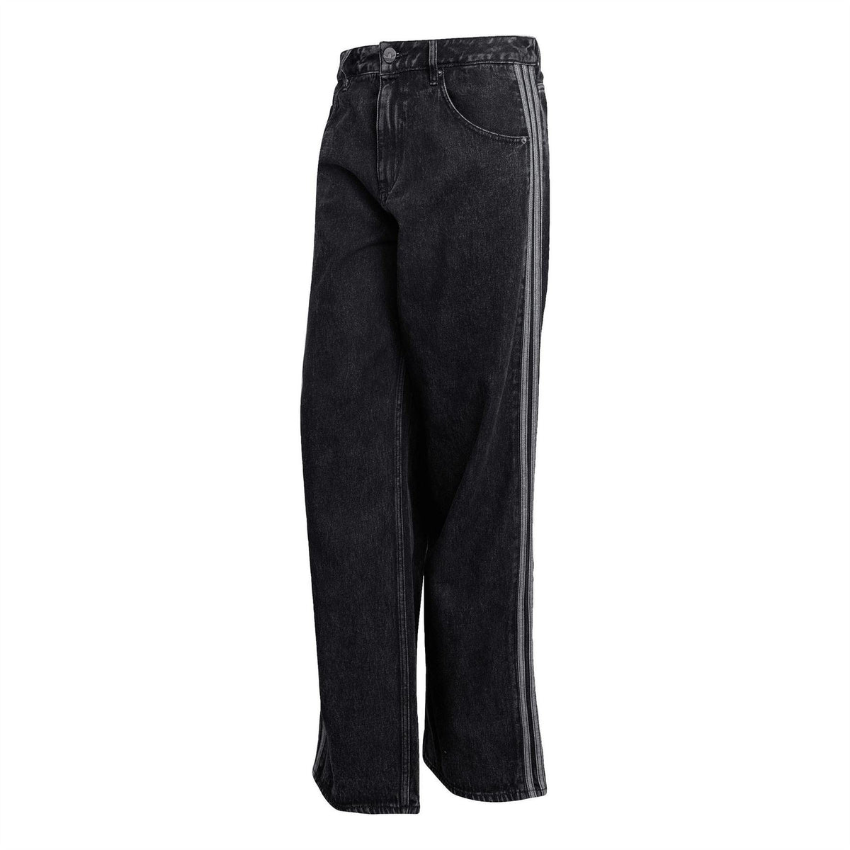 Black wide-leg jeans with relaxed fit and button waist, side seams visible