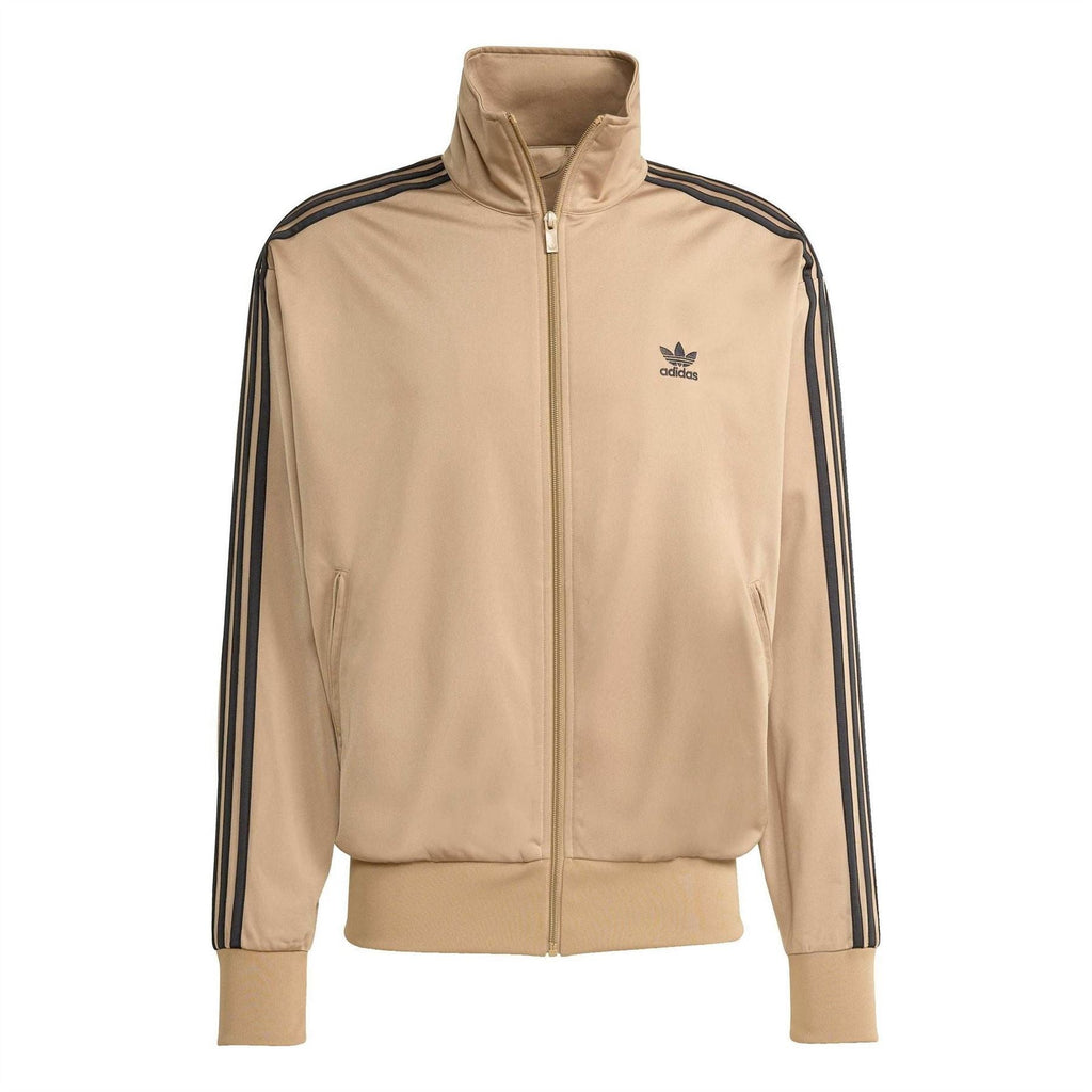 Tan track jacket with full zip, stand collar, black side stripes, ribbed cuffs and hem.