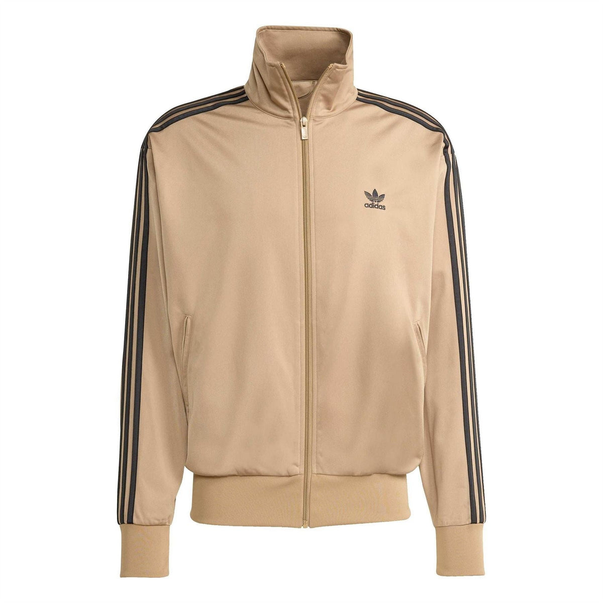 Tan track jacket with full zip, stand collar, black side stripes, ribbed cuffs and hem.