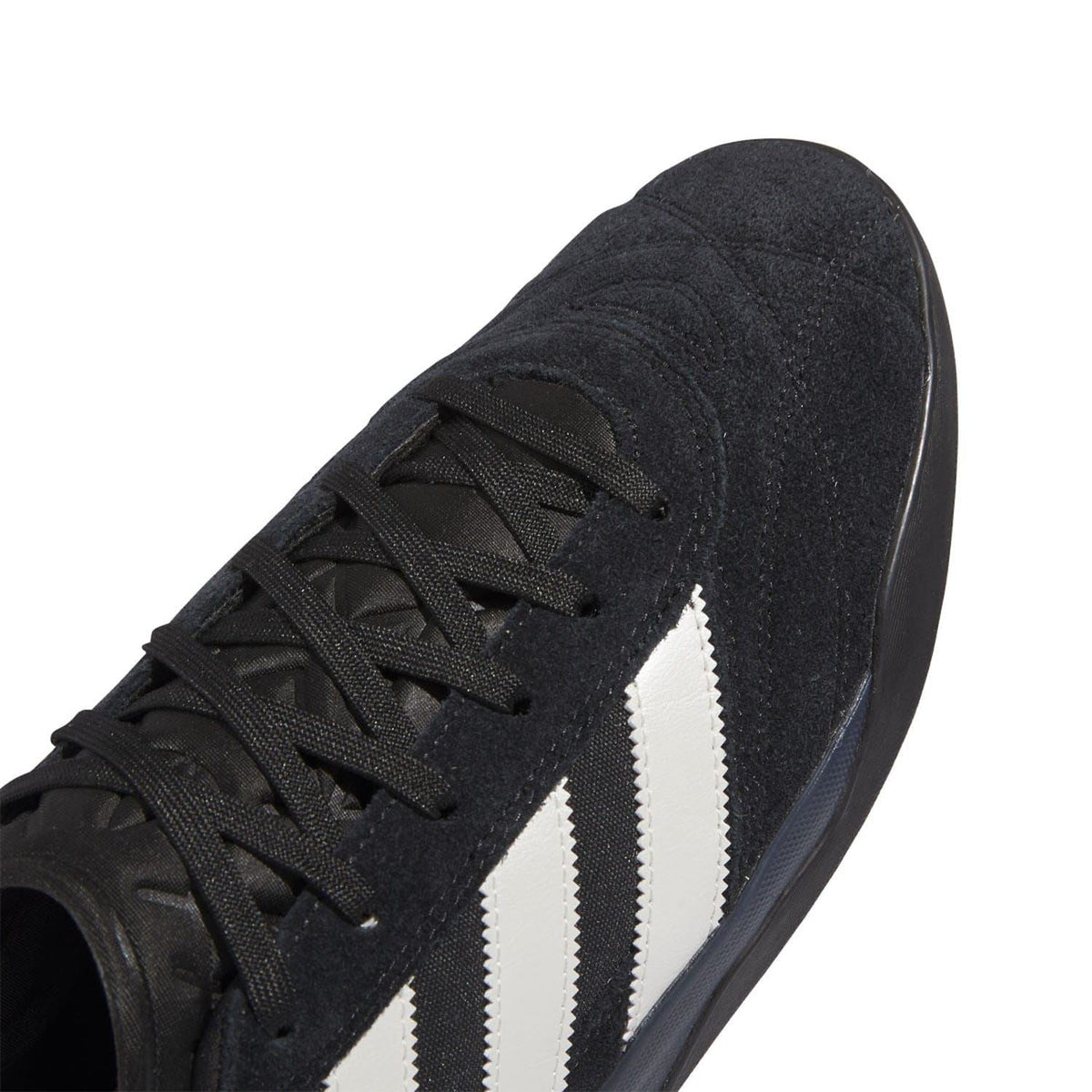 Black suede adidas trainers with black laces and white three-stripe side panels