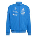 Blue Harrington jacket with front zipper, stand collar, ribbed cuffs, Mercedes Petronas logos.