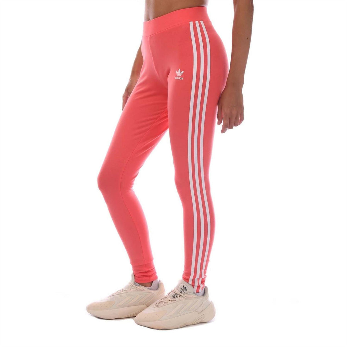adidas Originals 3-Stripes pink leggings with vertical white stripes on the side