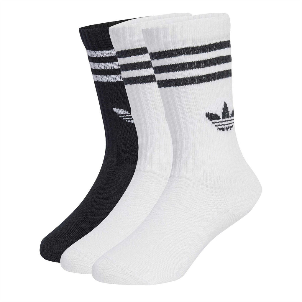 3-pack adidas crew socks, black and white stripes with trefoil logo