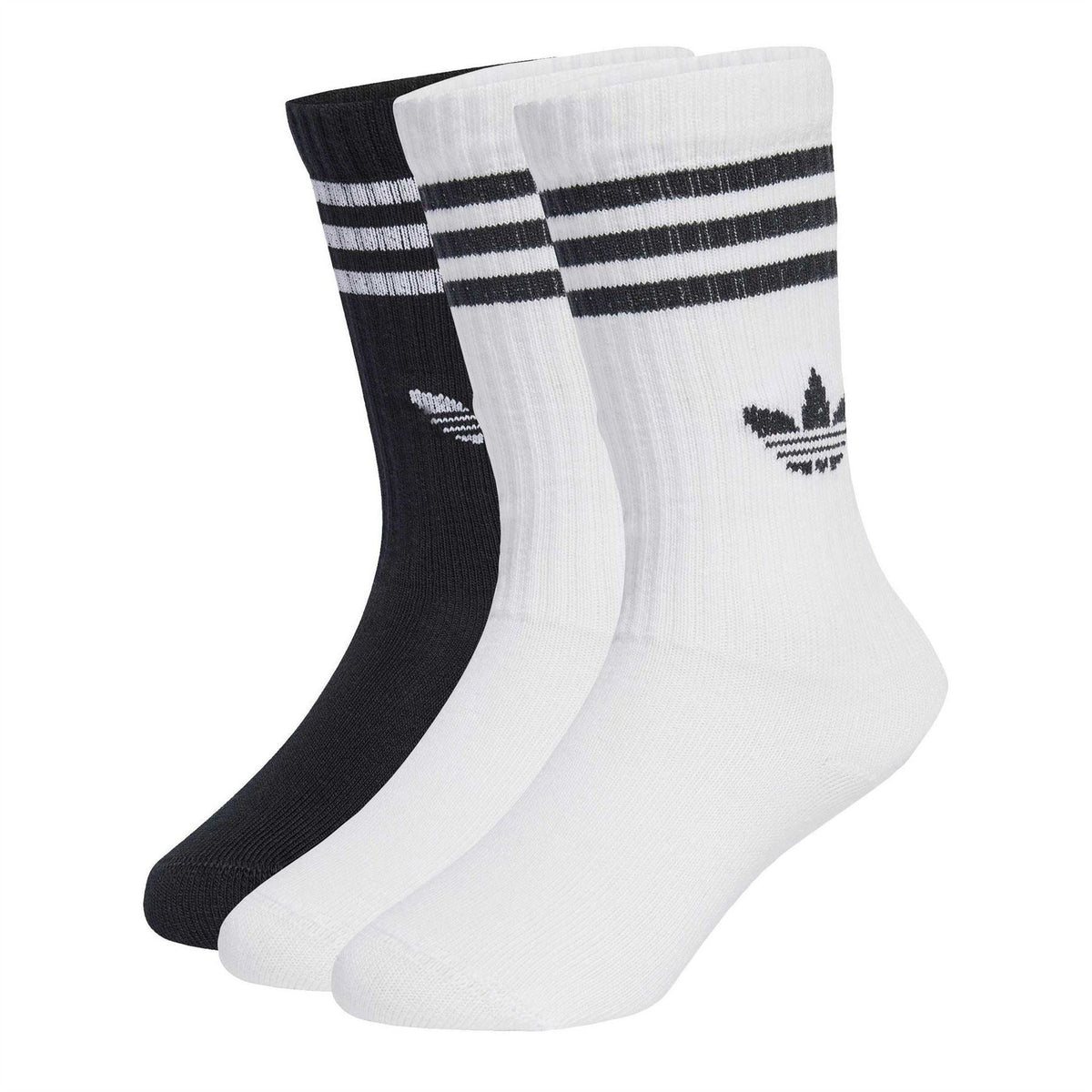3-pack adidas crew socks, black and white stripes with trefoil logo
