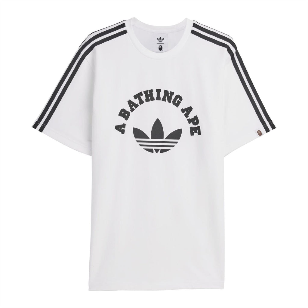 White adidas Originals graphic T-shirt with A BATHING APE logo and black shoulder stripes