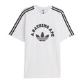 White adidas Originals graphic T-shirt with A BATHING APE logo and black shoulder stripes