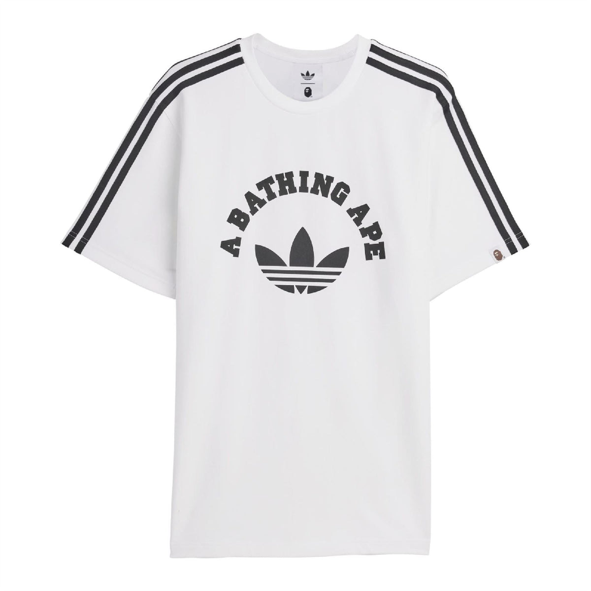 White adidas Originals graphic T-shirt with A BATHING APE logo and black shoulder stripes