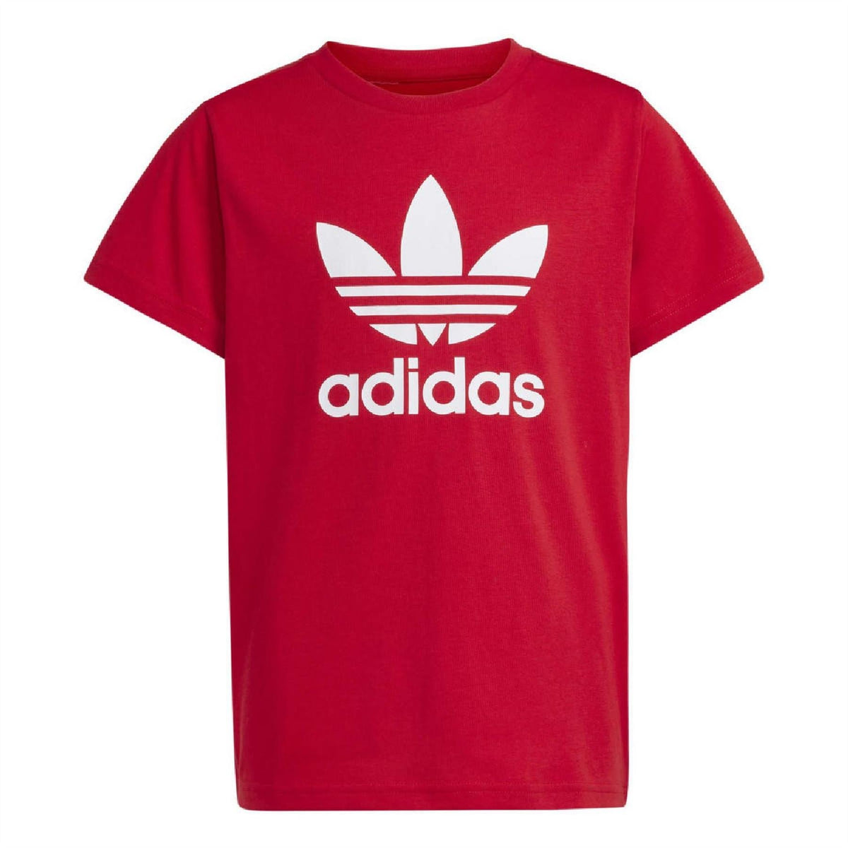 Kids scarlet red Adidas crew neck T-shirt with trefoil and adidas logo print