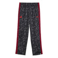 Black camo trackpants with red side stripes, elastic waistband, tapered leg.