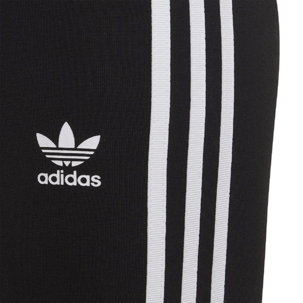 Black leggings with adidas trefoil logo and three vertical white stripes