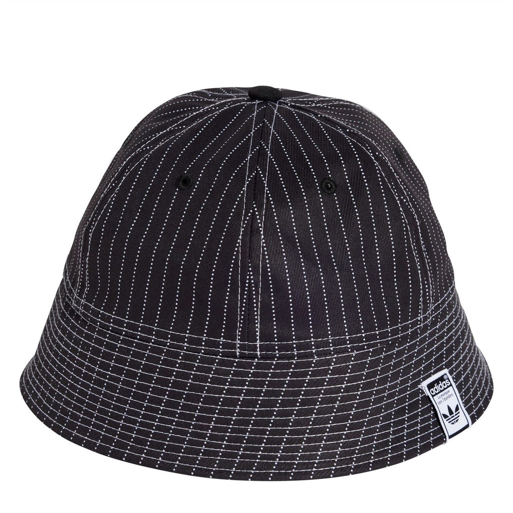 adidas Originals black bucket hat with white dotted pinstripe lines and small eyelets