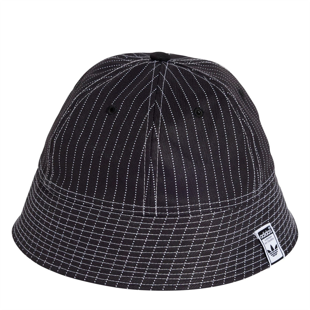 adidas Originals black bucket hat with white dotted pinstripe lines and small eyelets