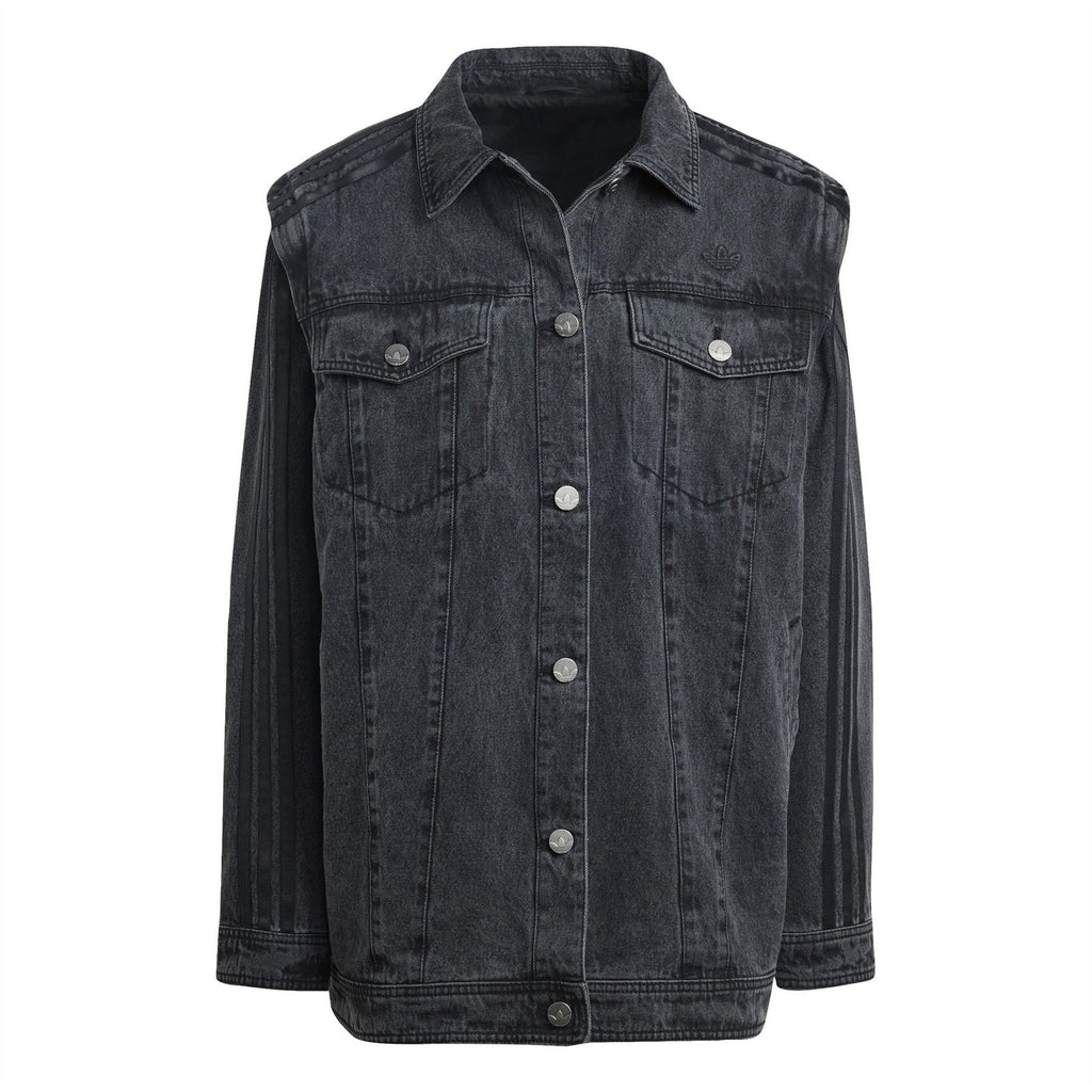 Black denim shirt jacket with button front, point collar, and chest flap pockets