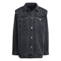 Black denim shirt jacket with button front, point collar, and chest flap pockets
