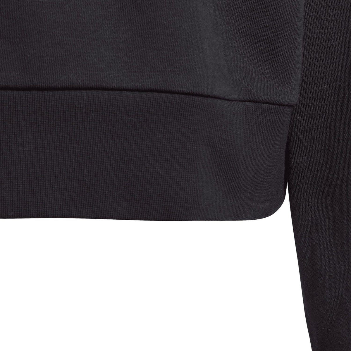 Black cropped hoodie hem with ribbed band and smooth knit fabric.