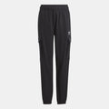 Black cargo trousers with elastic waistband, side cargo pockets, and tapered legs