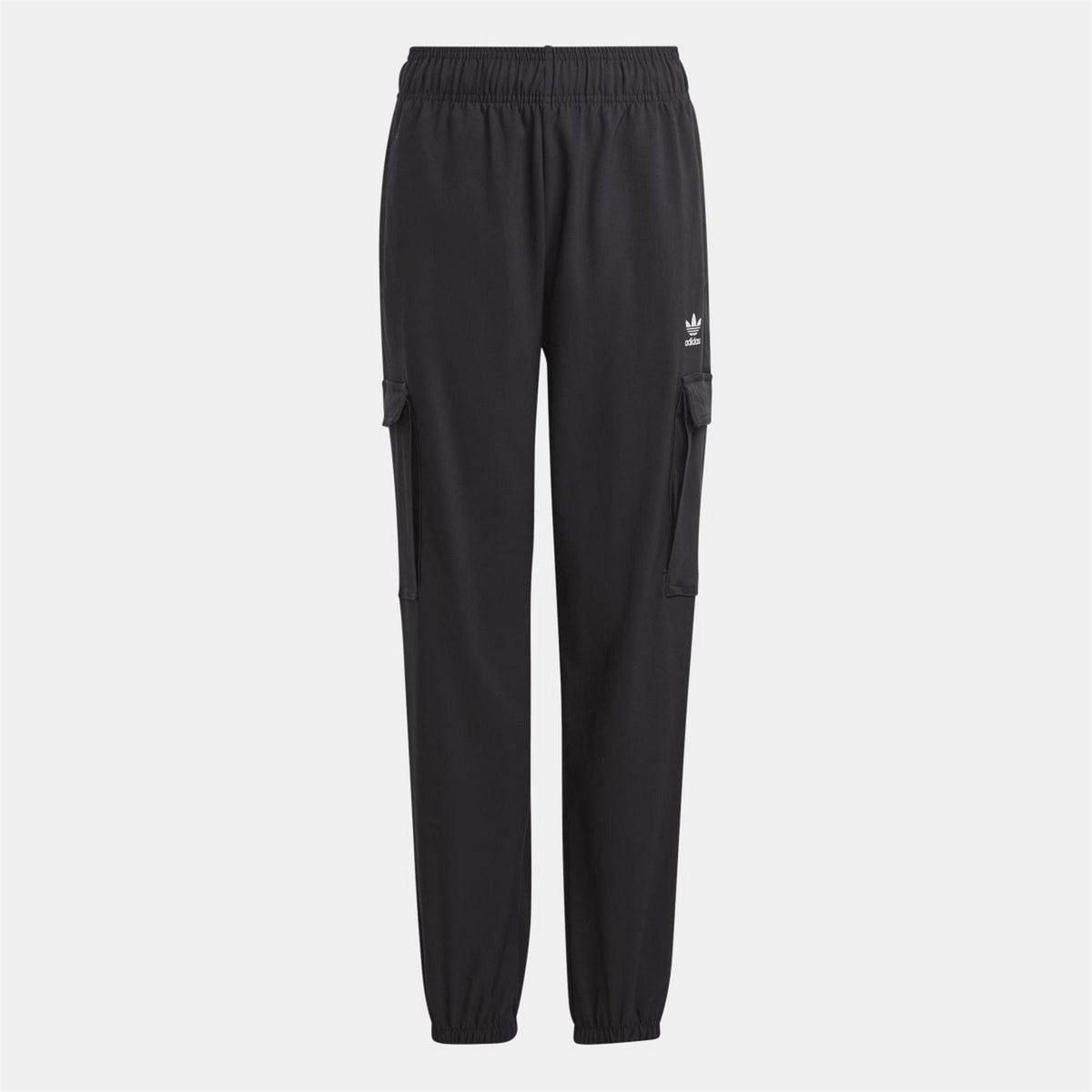 Black cargo trousers with elastic waistband, side cargo pockets, and tapered legs