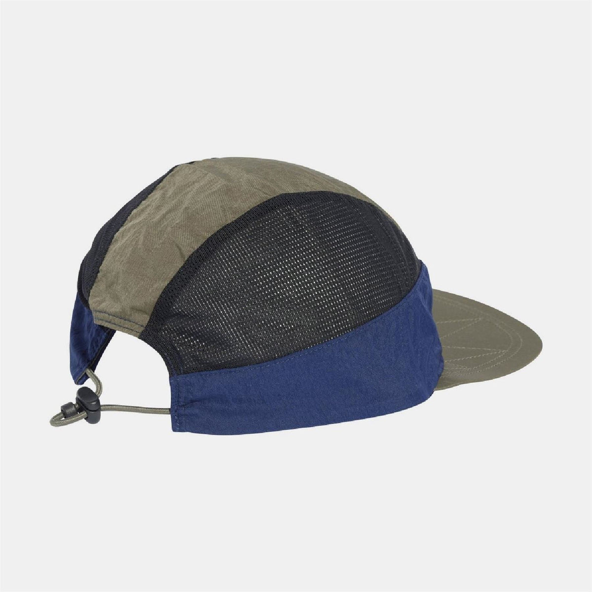 Olive-and-blue cap with dark mesh panel and curved brim