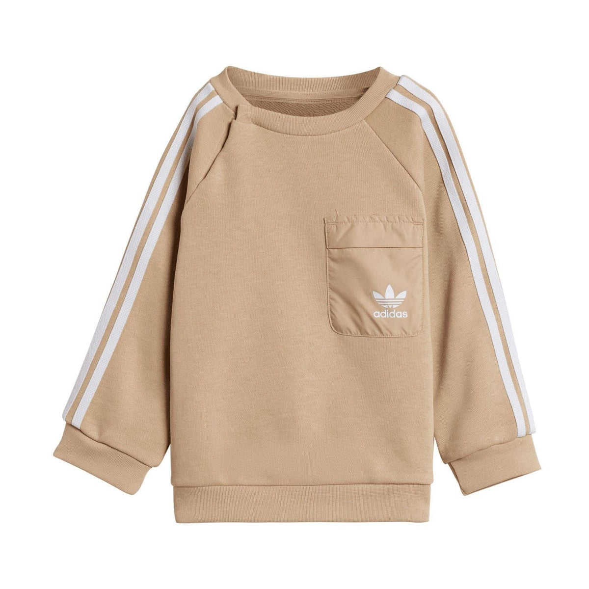 Beige infants adidas Originals crewneck top with striped sleeves and logo pocket