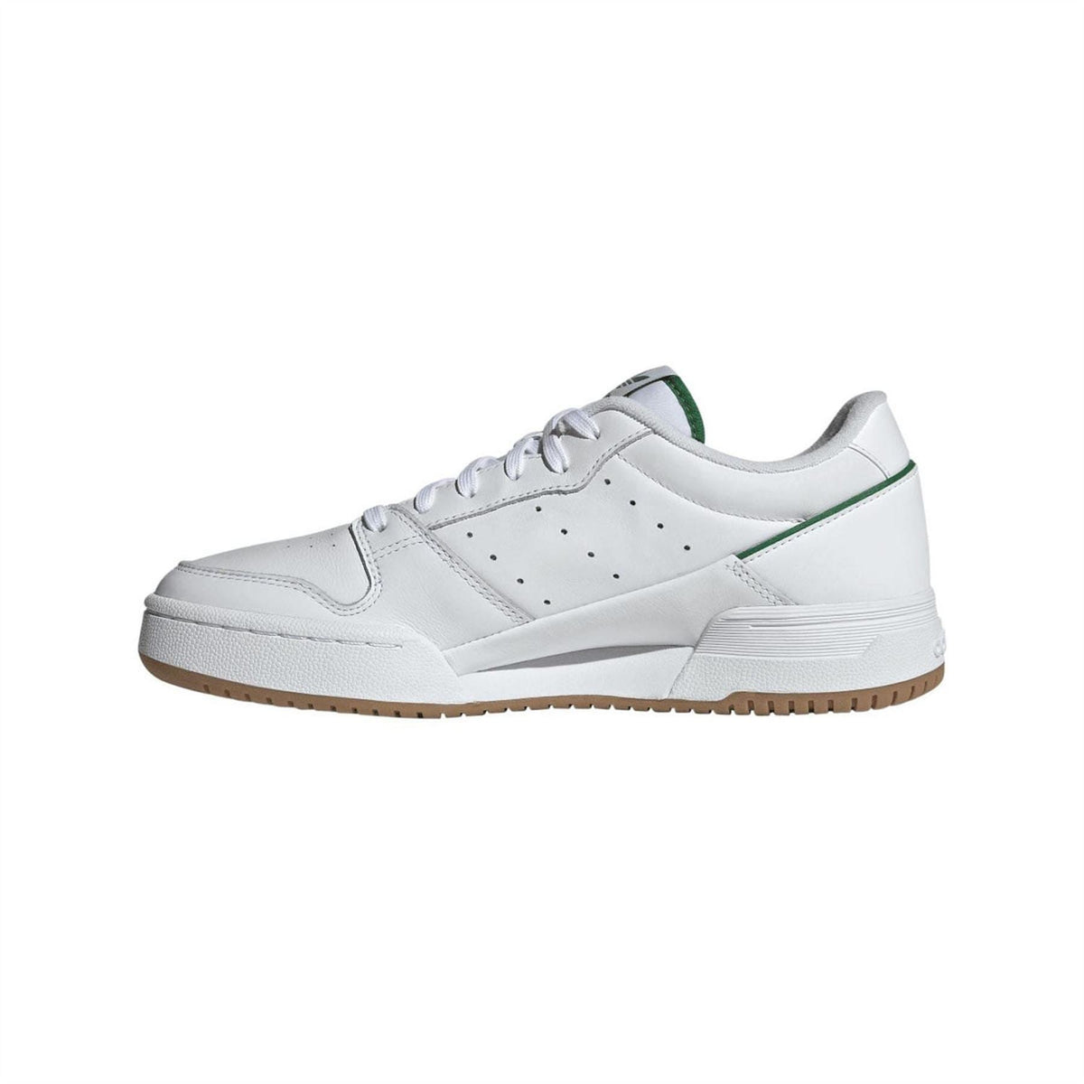 White low-top trainers with lace-up front and green side trim