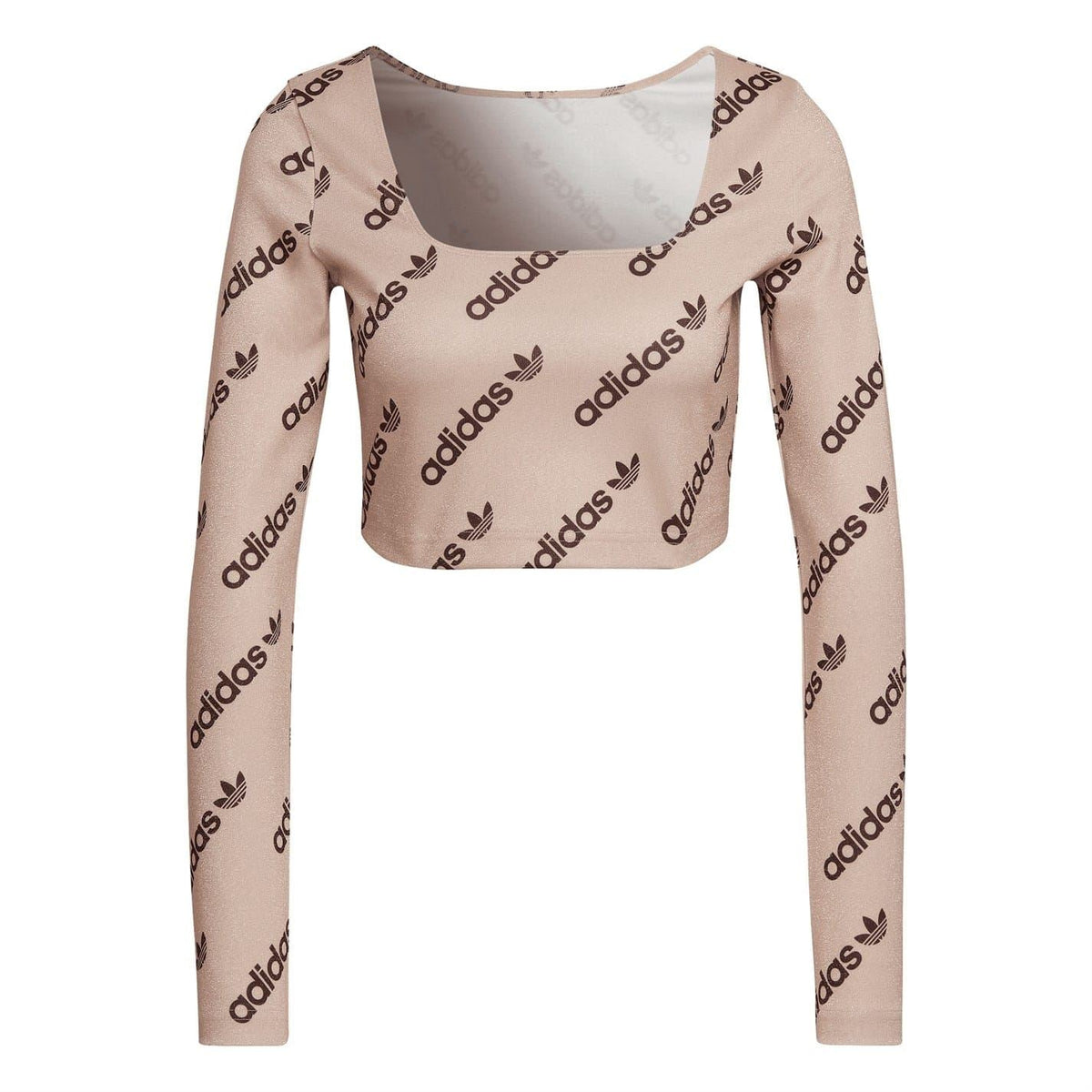 adidas Originals long-sleeve crop top in blush pink with allover adidas logo print