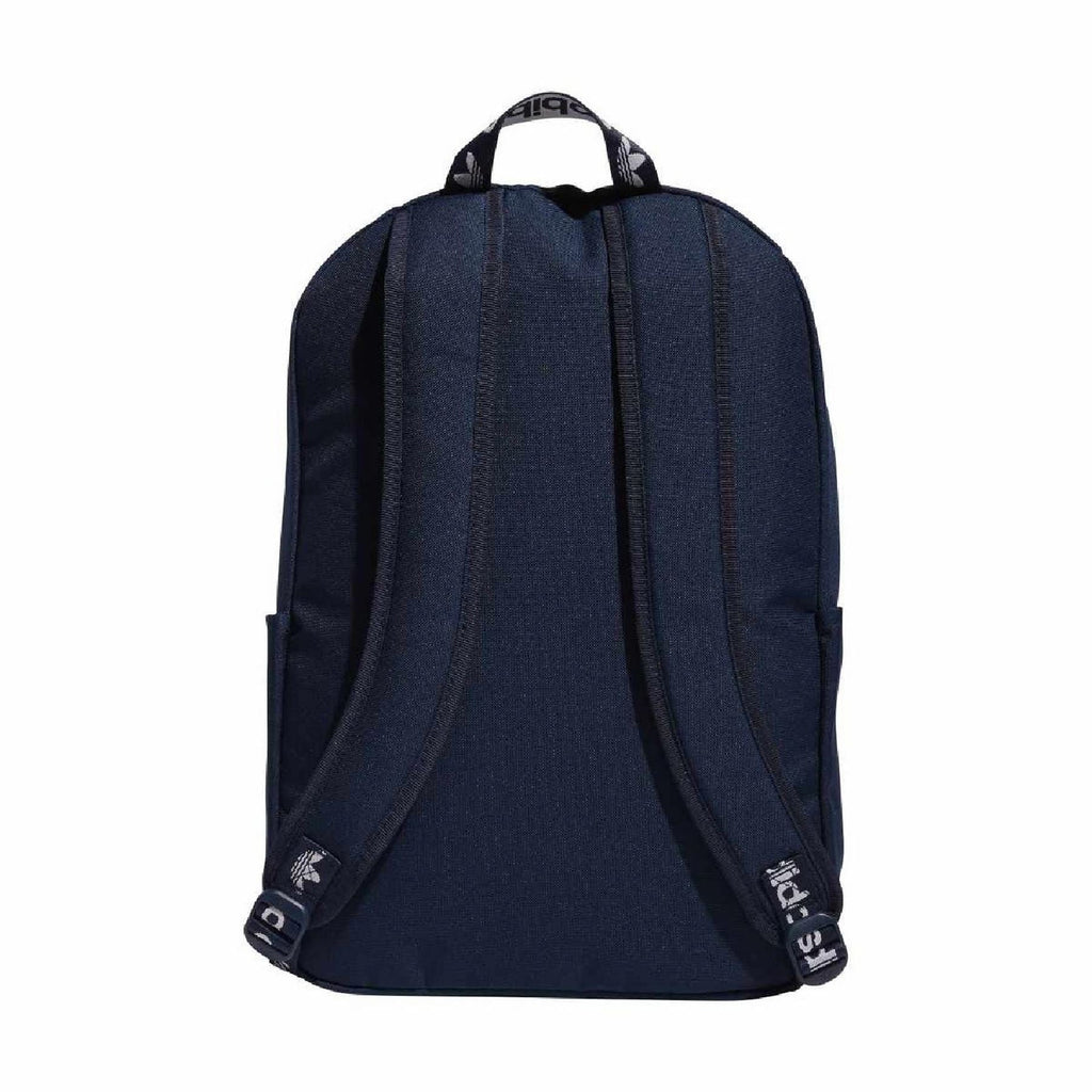 Dark indigo backpack with padded back panel and adjustable shoulder straps