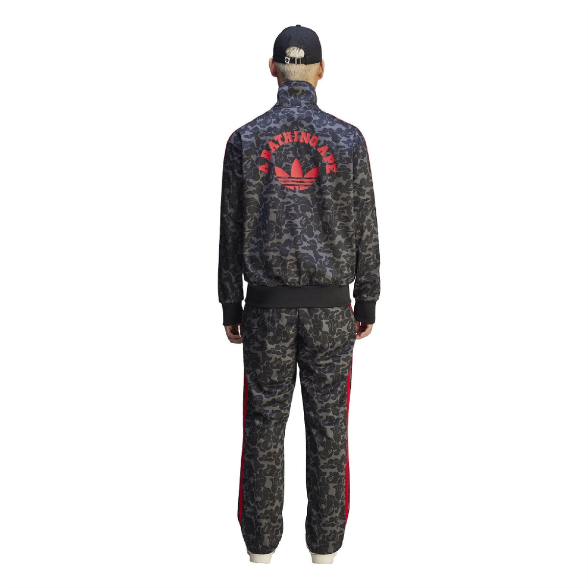 Black camo track jacket with red back graphic, full-zip stand collar