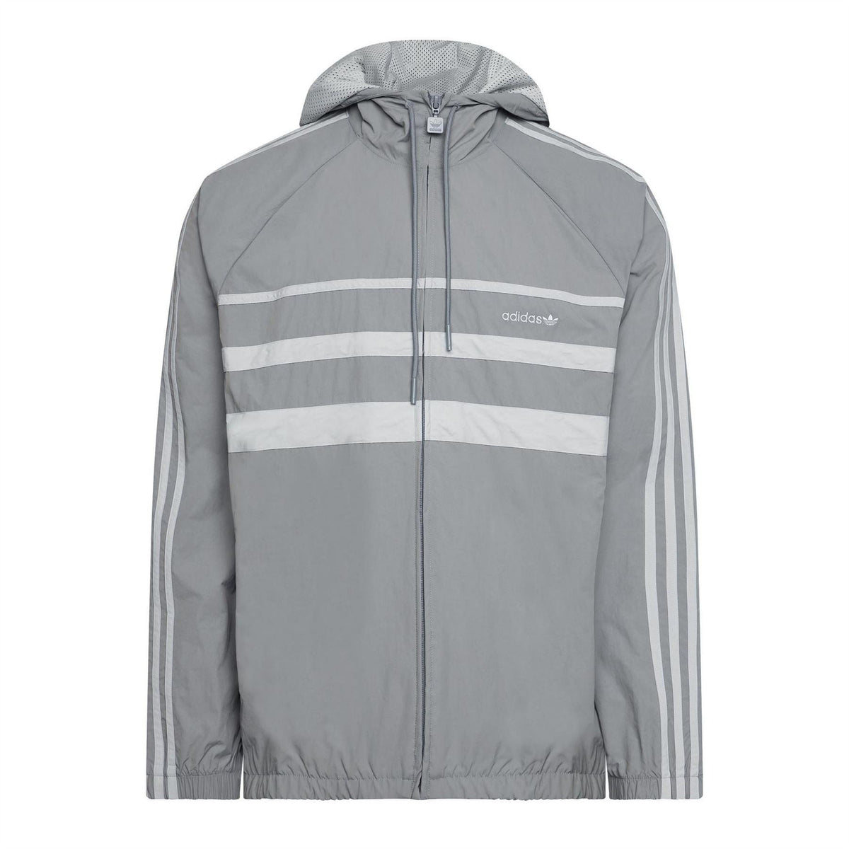 Grey adidas Originals windbreaker jacket with hood, full zip, reflective stripes