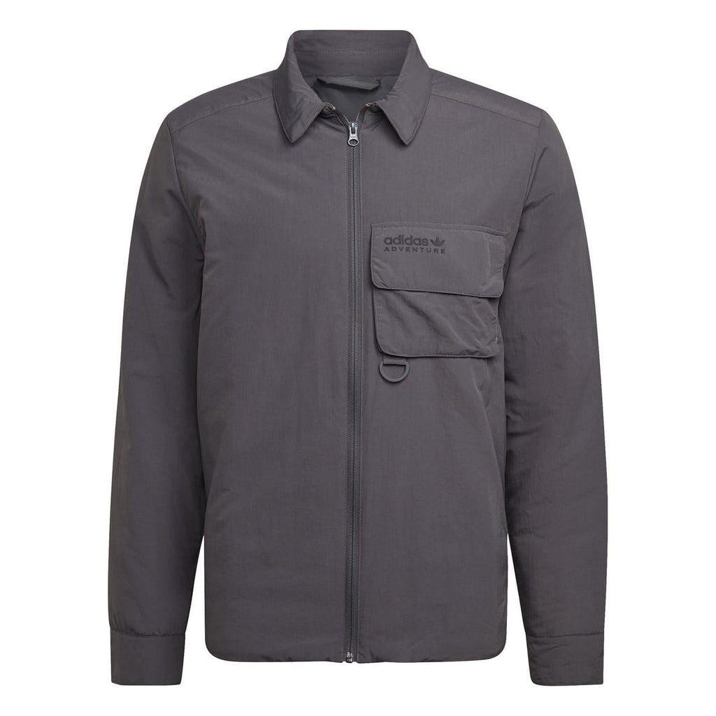 Grey adidas Originals zip-up shirt-jacket, front view, stand collar with chest pocket