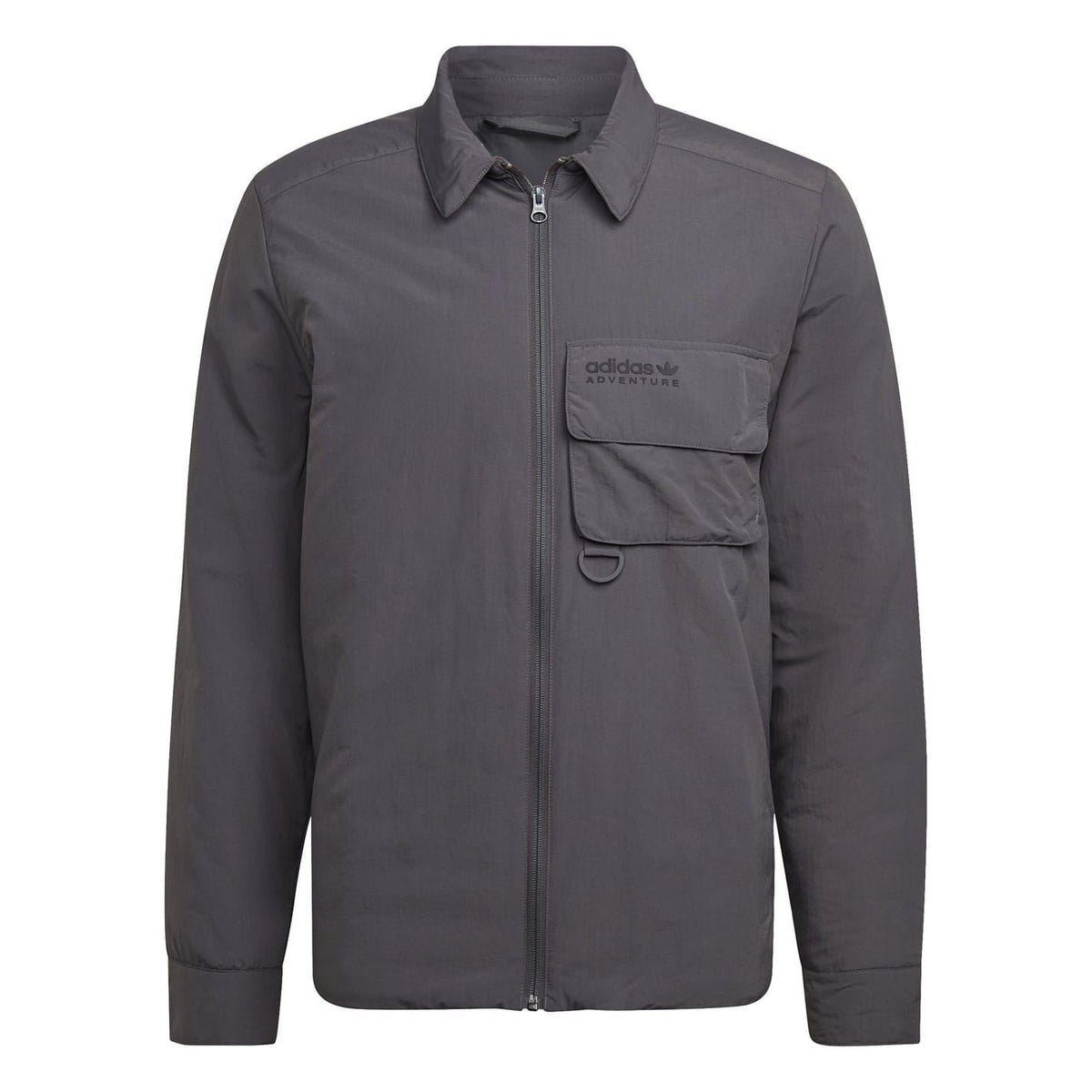 Grey adidas Originals zip-up shirt-jacket, front view, stand collar with chest pocket
