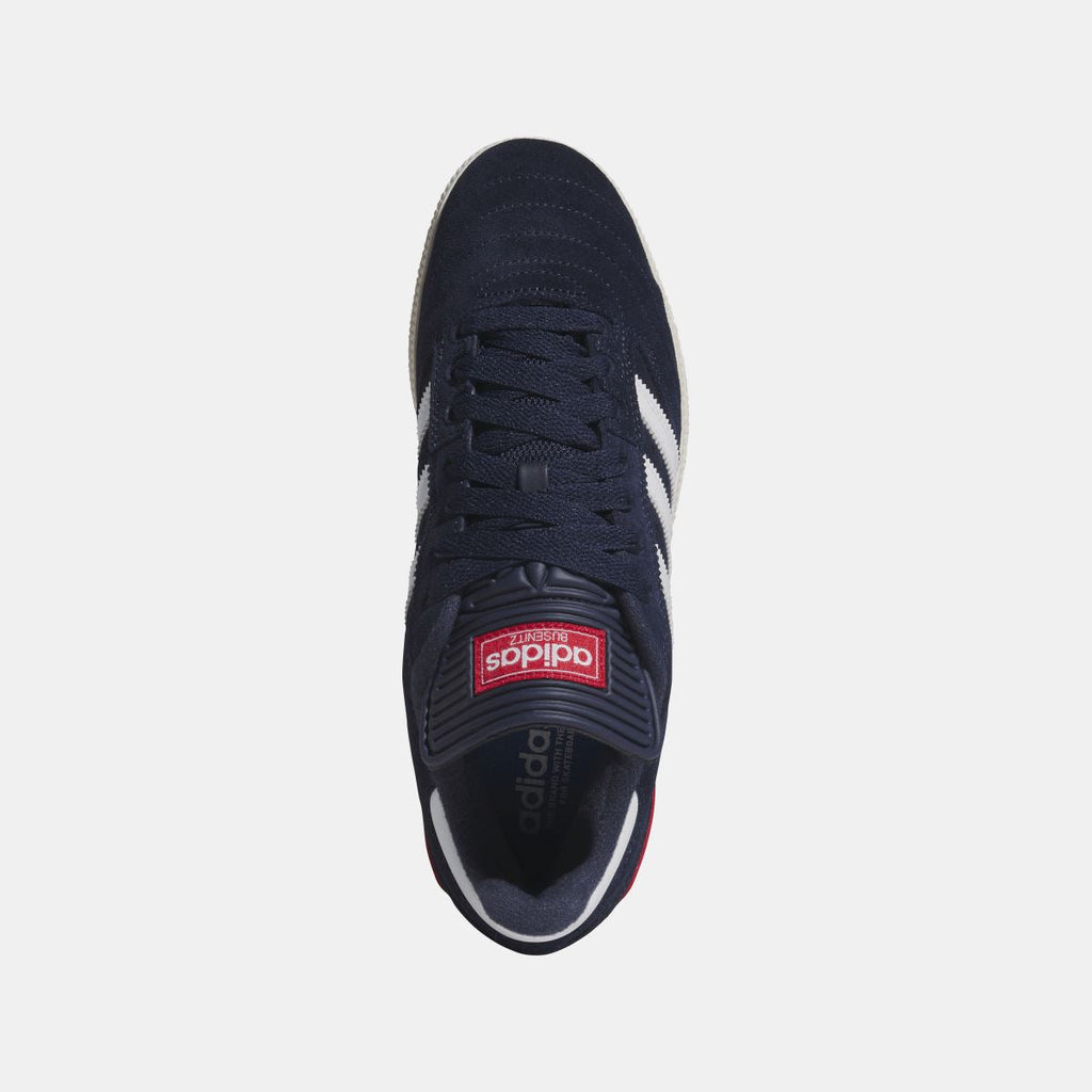 Navy Busenitz sneakers front view with black laces and white three-stripe trim