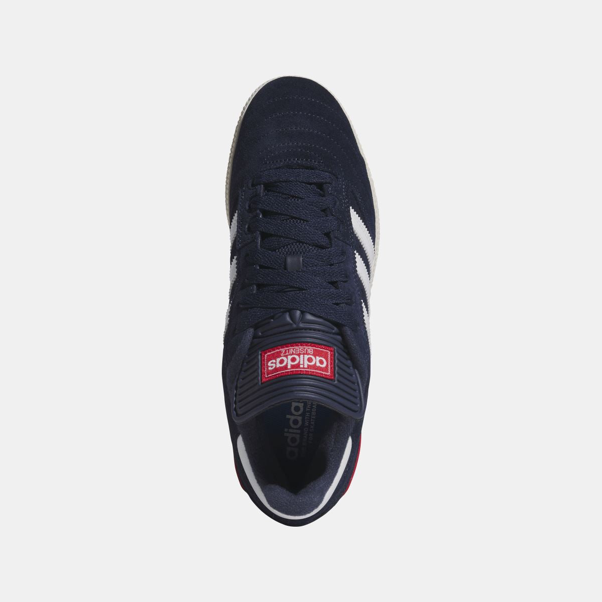 Navy Busenitz sneakers front view with black laces and white three-stripe trim