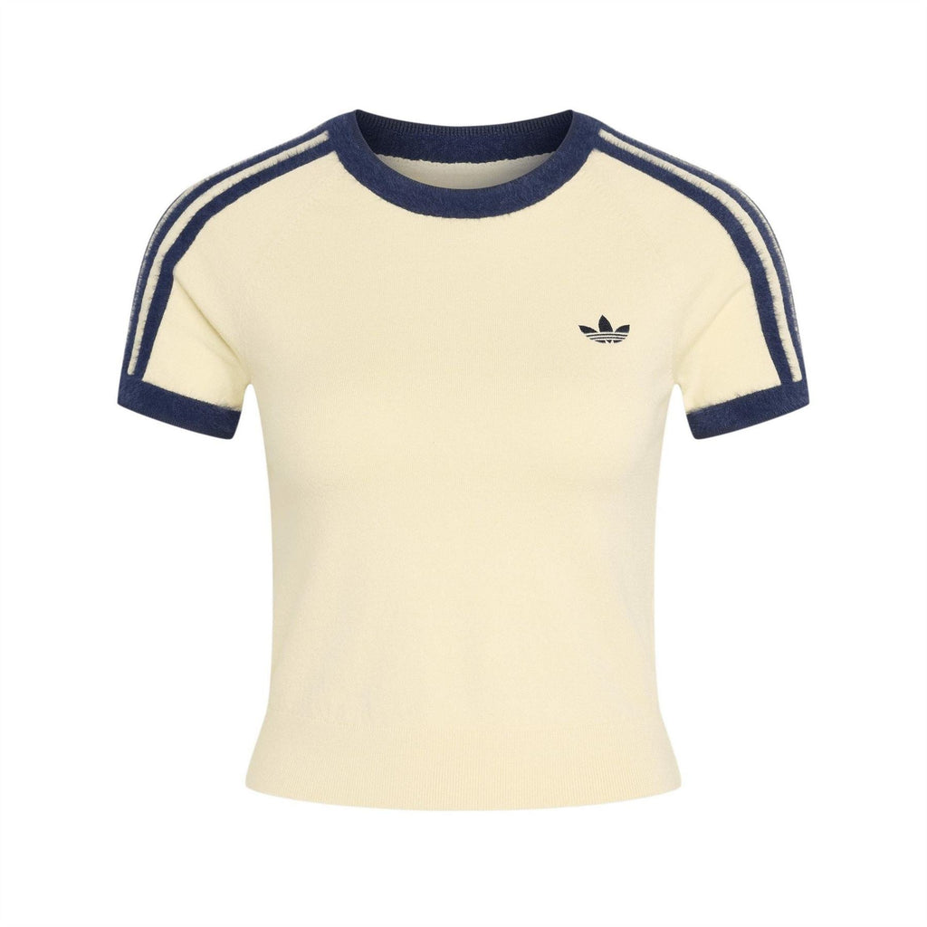 Adidas Originals knit tee, vanilla with navy crew neck and trefoil logo