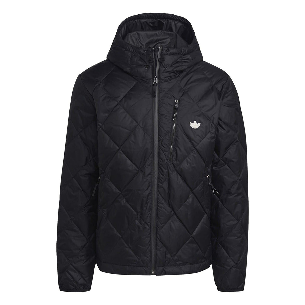 adidas Originals hooded regular fit down jacket featuring a padded design, zip closure, and adjustable hood for warmth and style