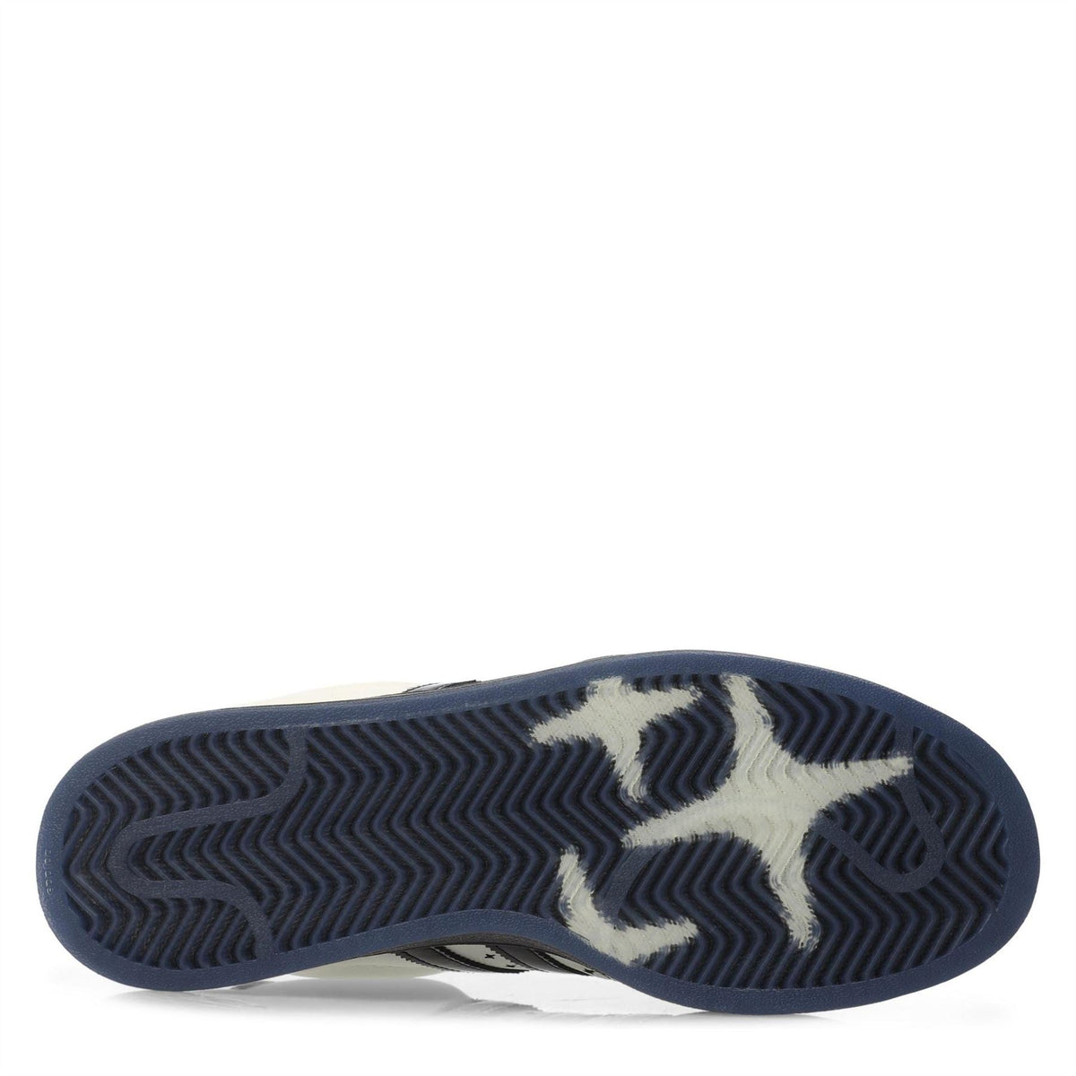 Rubber outsole with textured tread and navy-blue patterned design