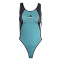 Teal one-piece swimsuit body with black side panels and adidas Equipment logo
