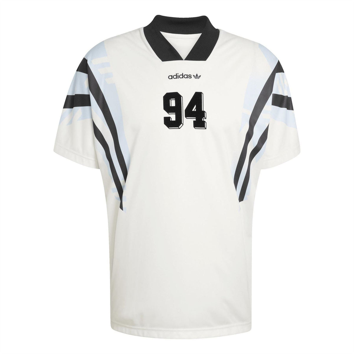 Cloud white printed shirt with black collar, Adidas logo, 94 front graphic, striped sleeves