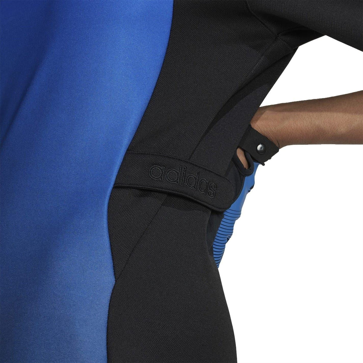 Black-and-blue dress detail: side strap with adidas logo and striped cuff