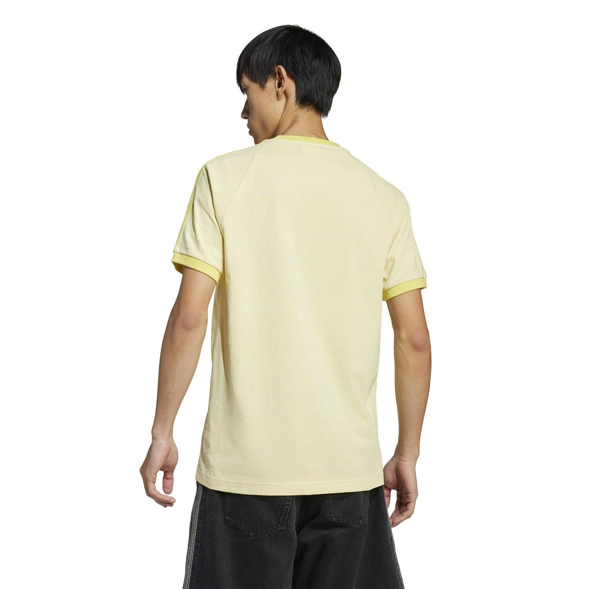 Light yellow raglan short-sleeve T-shirt, back view with 3-stripe sleeve panels