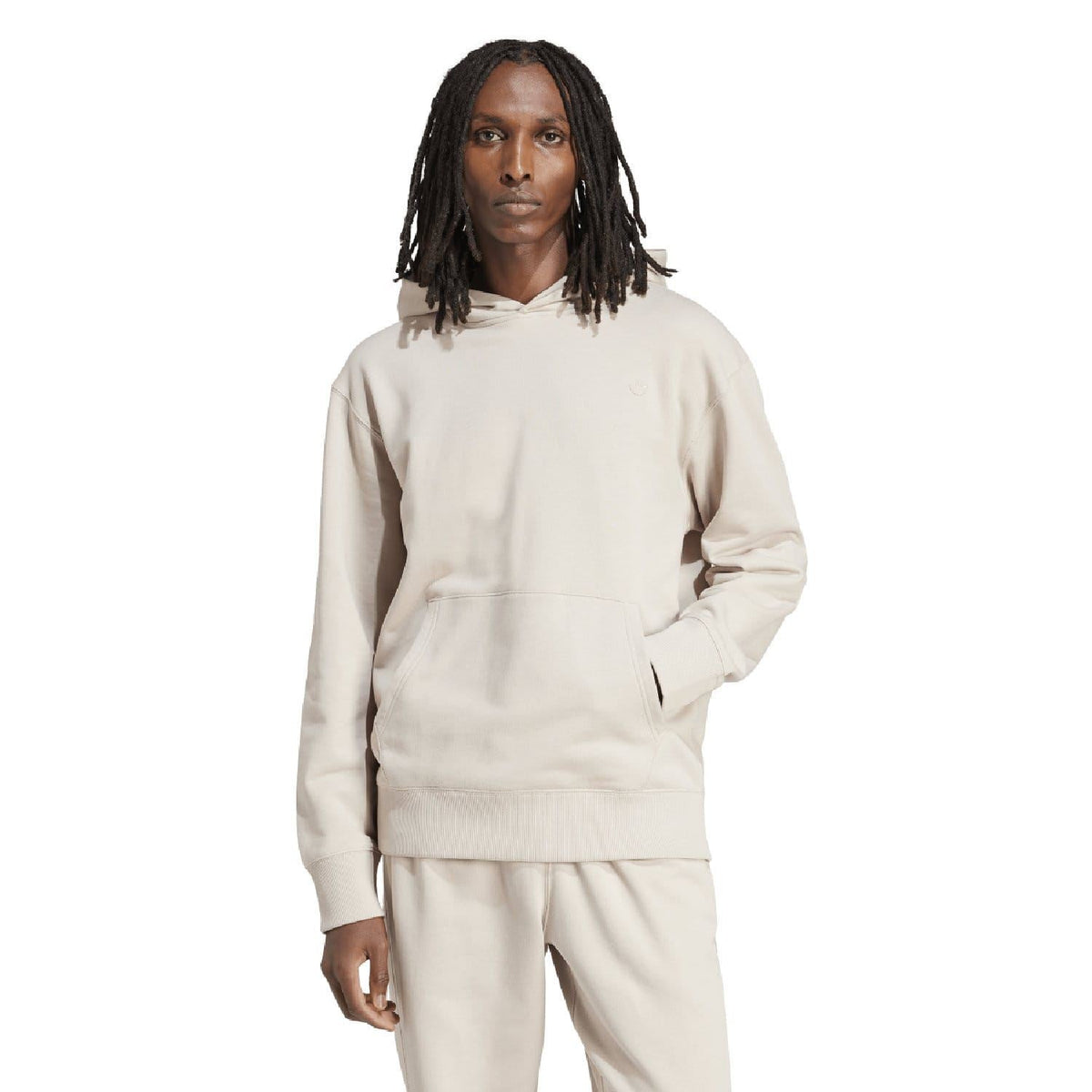Beige pullover hoodie with kangaroo pocket, ribbed cuffs and hem
