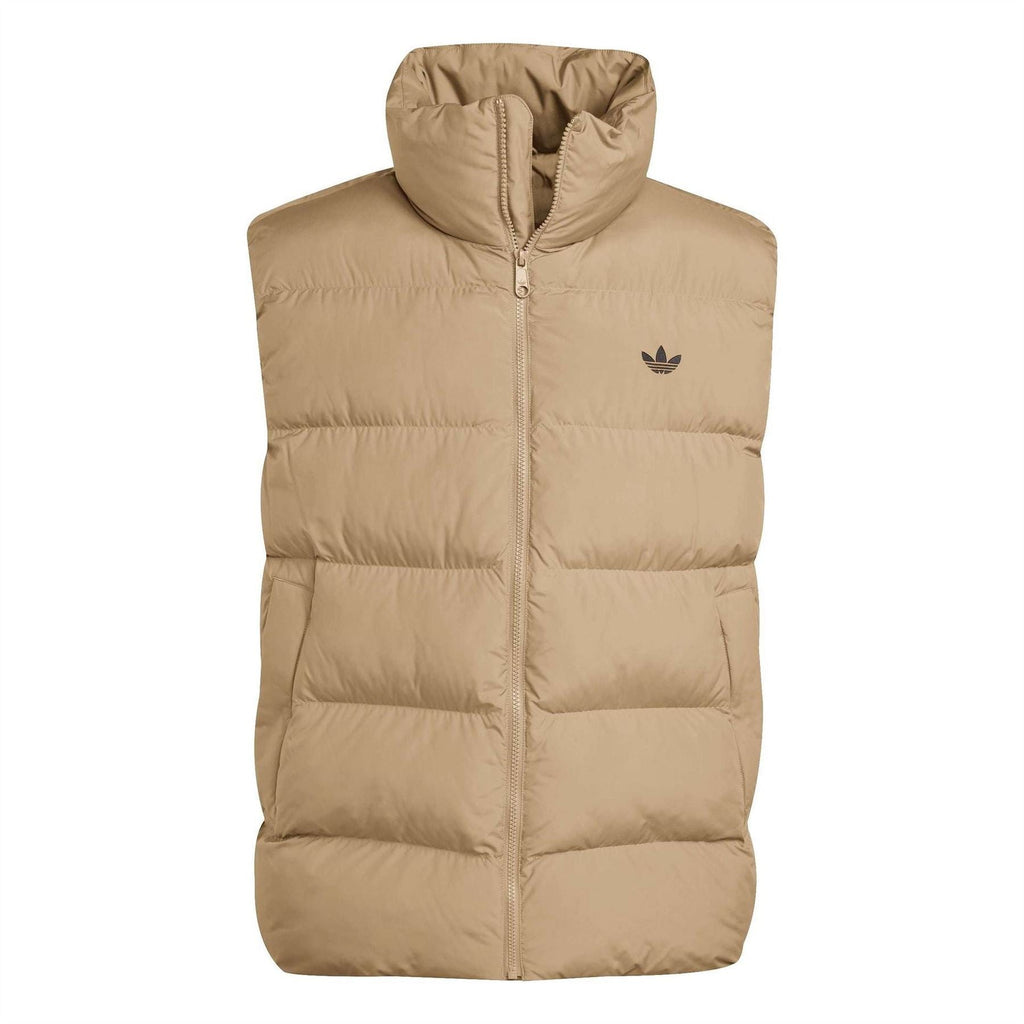 adidas Originals tonal puffer vest, tan full-zip with stand collar