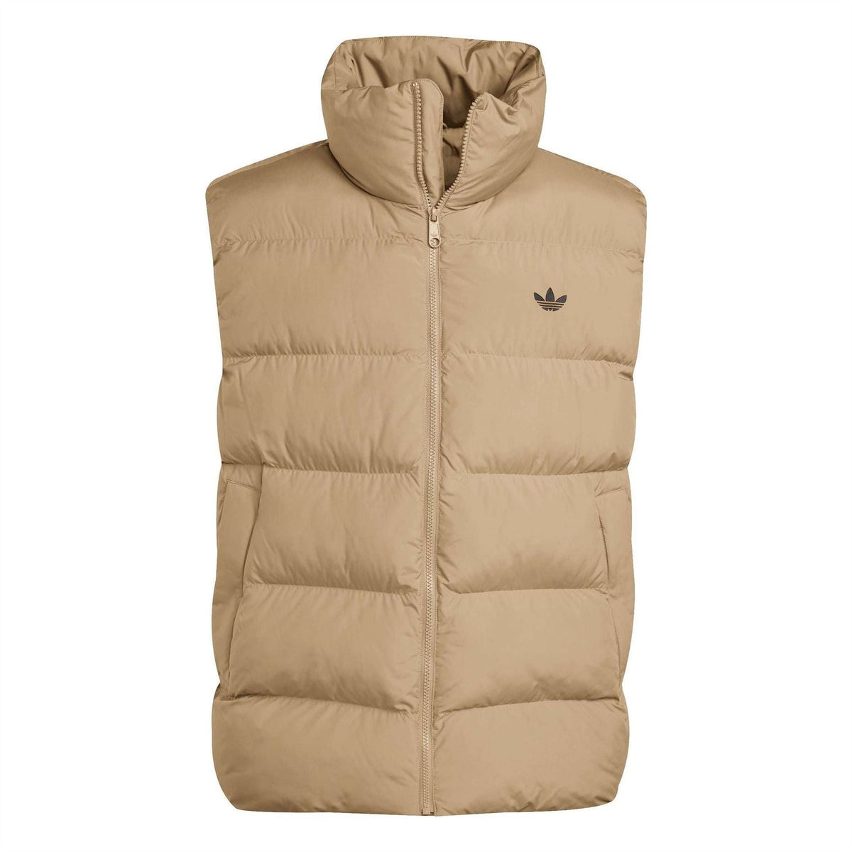 adidas Originals tonal puffer vest, tan full-zip with stand collar
