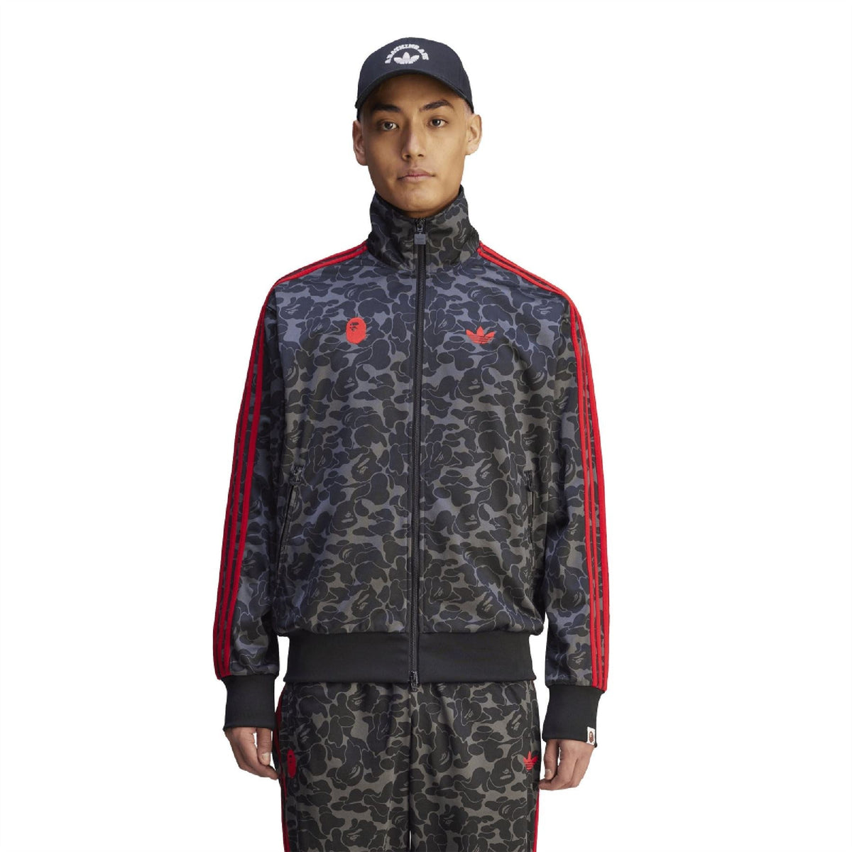 Black camo track jacket with red side stripes and full-zip stand collar